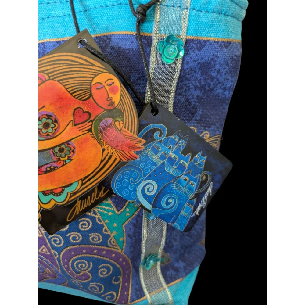 Small Laurel Burch Indigo Cats Double Handle Square Shaped Canvas Tote Bag